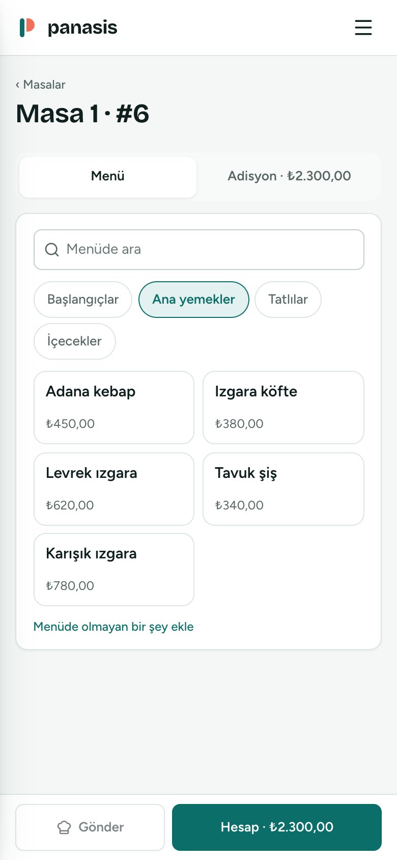 Garsonun telefonunda bir masanın adisyonu: menü bölümleri ve ürünler, altta hesap