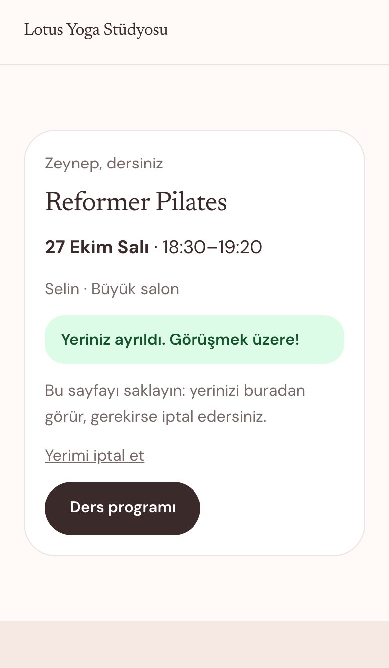 Telefonda bir üyenin ders kaydı: Reformer Pilates, gün ve saat, eğitmen, yeriniz ayrıldı