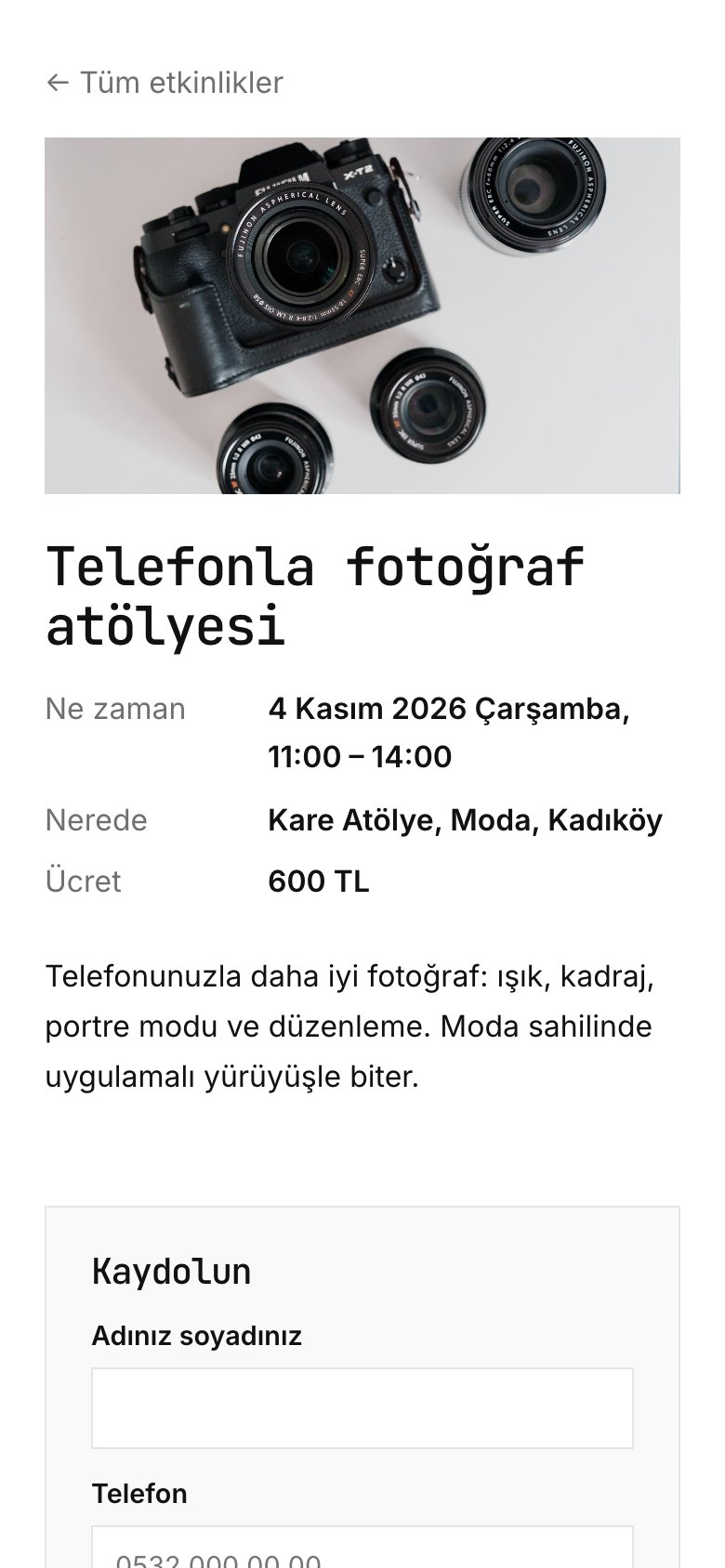 Telefonda etkinlik sayfası: kapak fotoğrafı, gün, yer, ücret ve kayıt formu