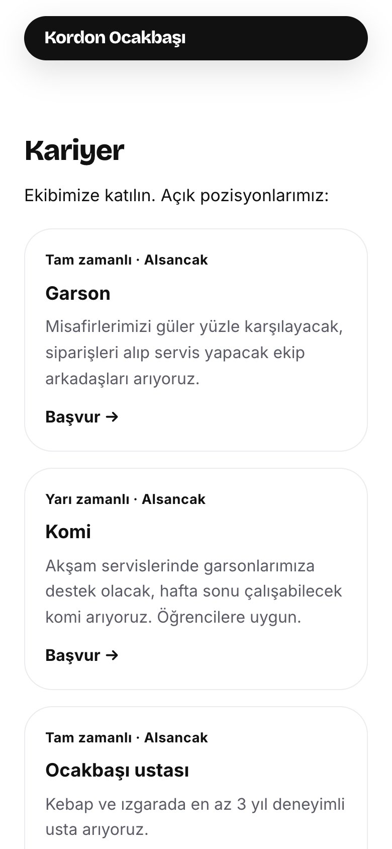 Telefonda kariyer sayfası: garson, komi ve ocakbaşı ustası pozisyonları, başvur bağlantıları