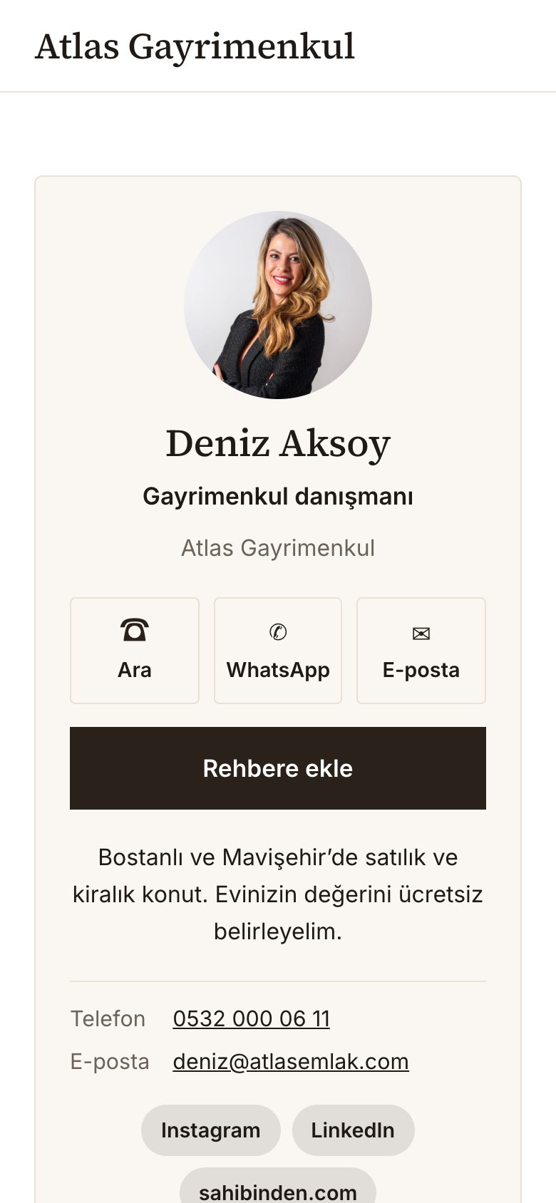 Telefonda dijital kartvizit: fotoğraf, ad, unvan, ara, WhatsApp, e-posta ve rehbere ekle düğmeleri