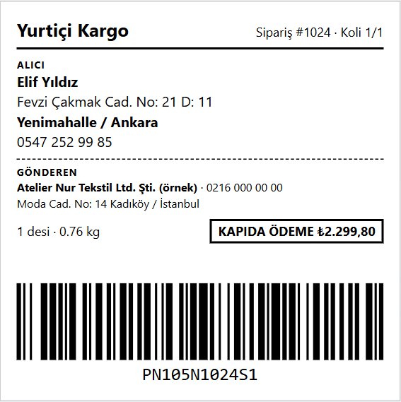 Yurtiçi Kargo gönderi etiketi: alıcı, gönderen, kapıda ödeme tutarı ve barkod