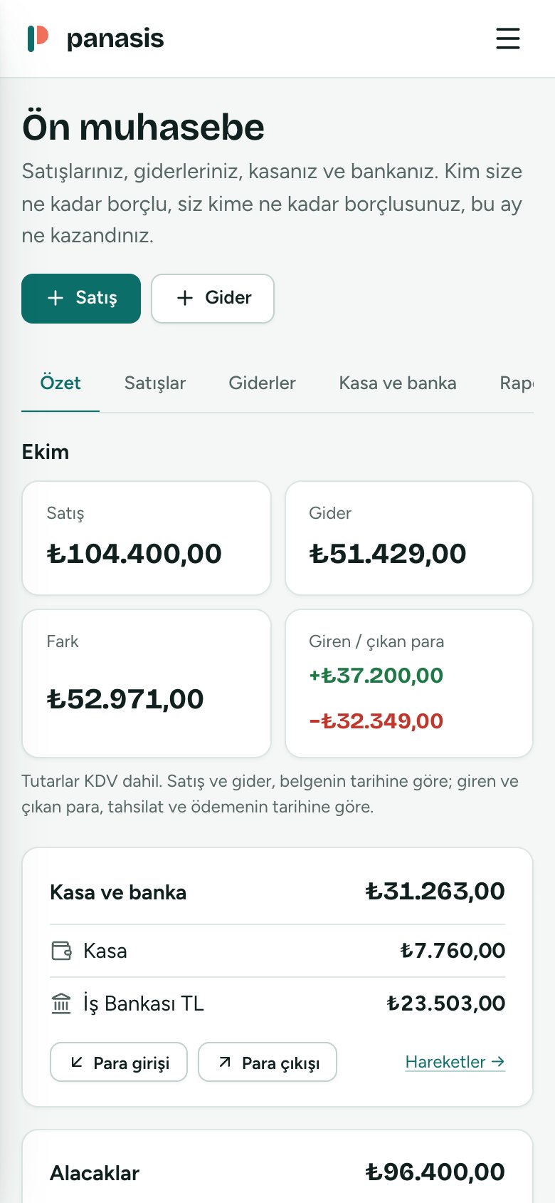 Telefonda ön muhasebe özeti: ayın satışı ve gideri, kasa ve banka bakiyeleri, vadesi geçen alacaklar