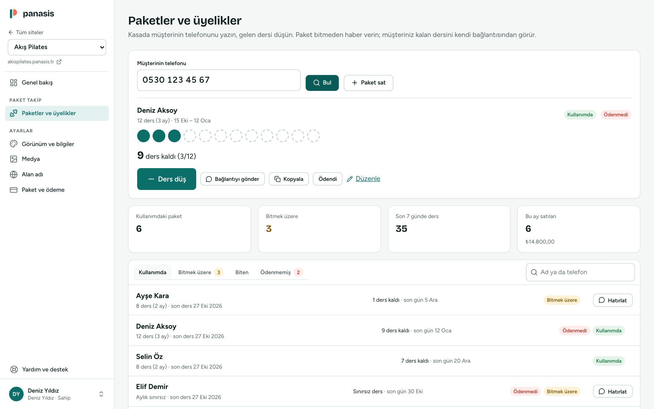 Panelde paket takip: öğrencinin paketi, kalan dersler, ders düş düğmesi, sayılar ve paket listesi