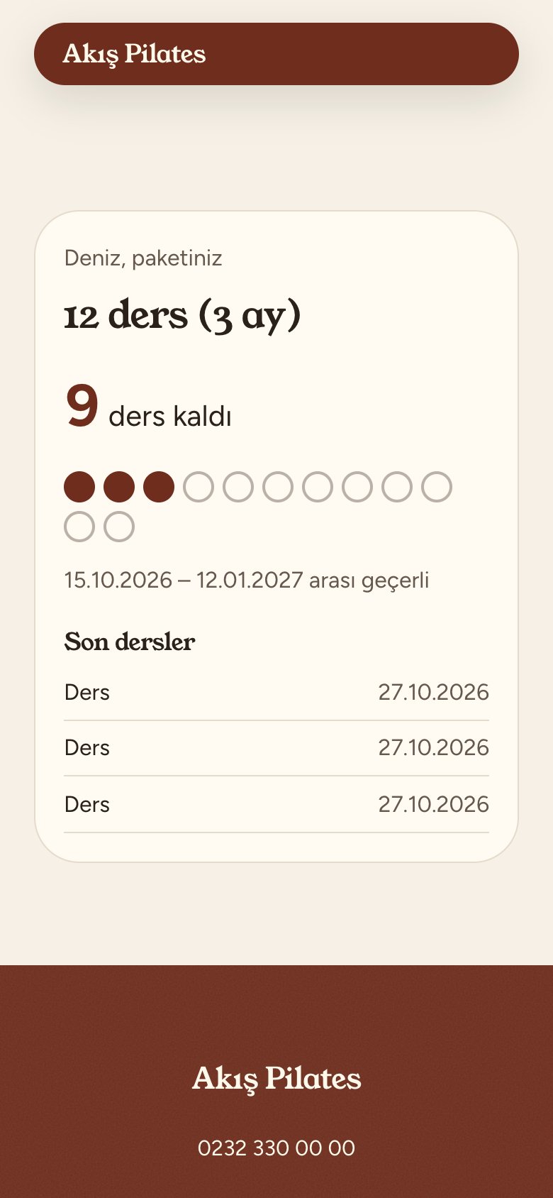 Telefonda ders paketi: 12 ders, 9 ders kaldı, kullanılan dersler ve geçerlilik tarihleri