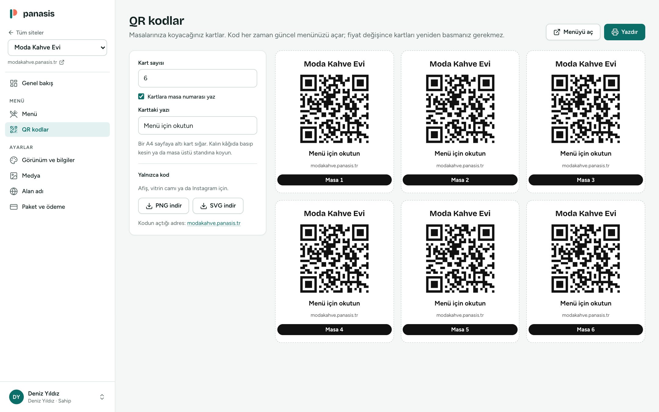 QR kodlar ekranı: işletme adı, QR kod ve masa numarasıyla altı masa kartı