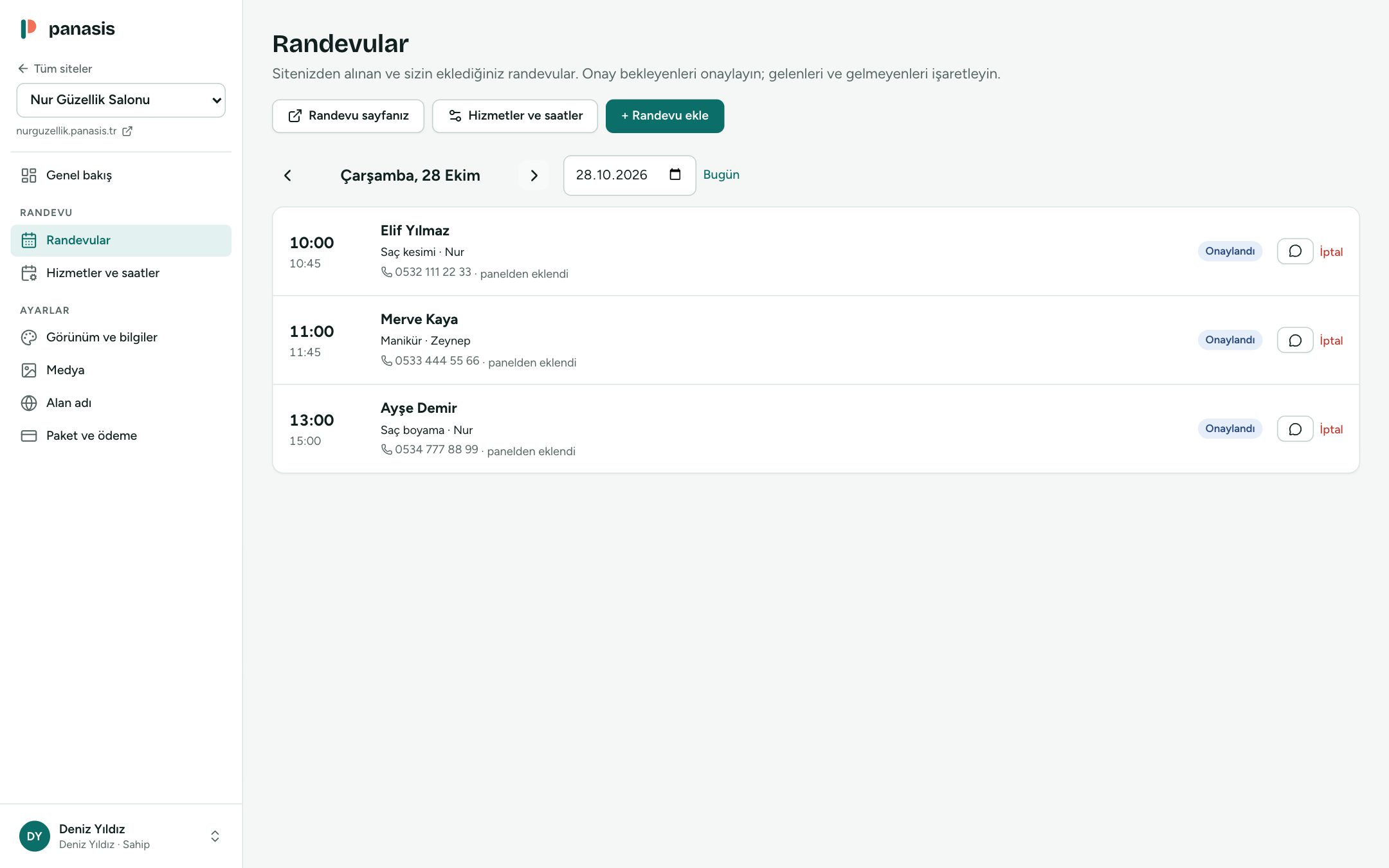 Panelde randevular: günün randevuları, saatleri, hizmetleri ve çalışanları