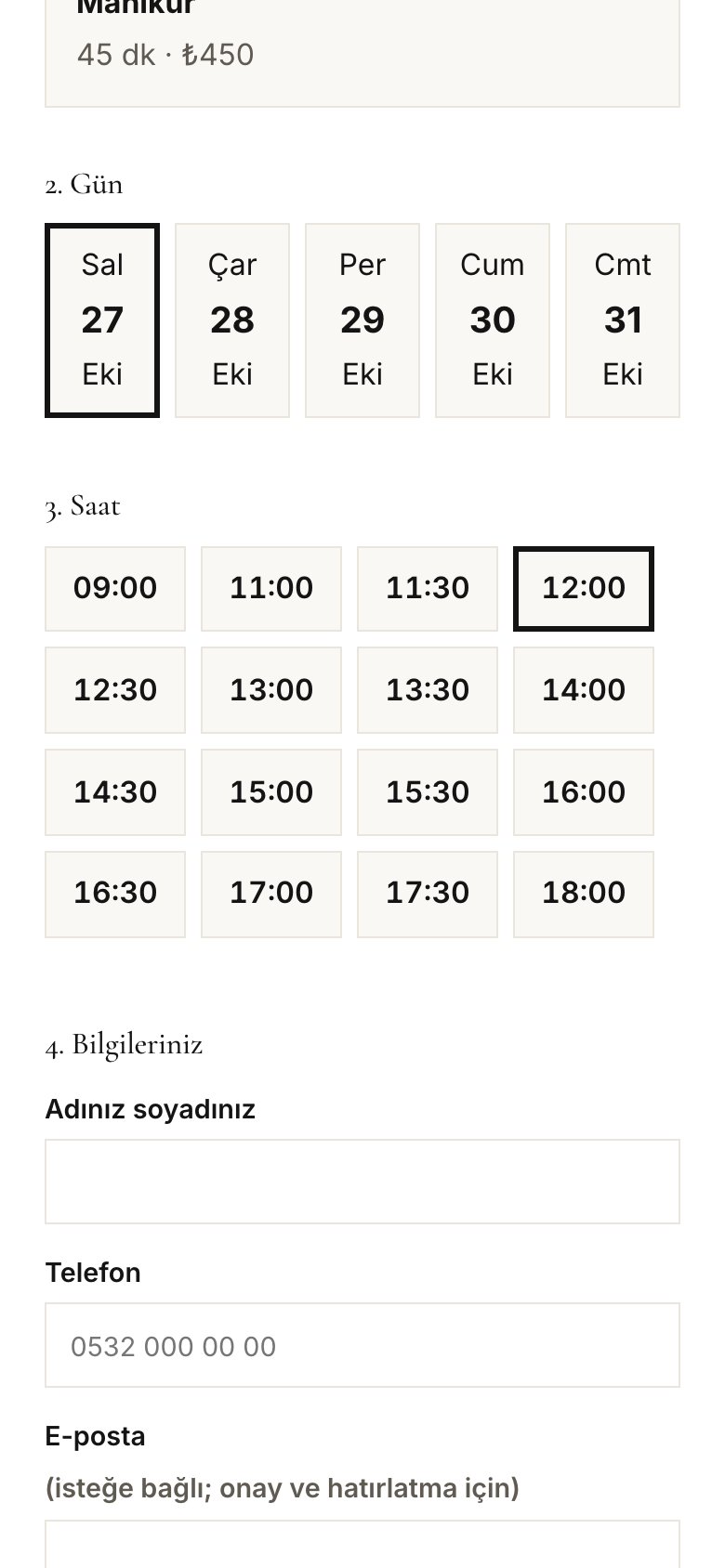 Telefonda randevu alma: gün seçimi, boş saatler ve müşteri bilgileri