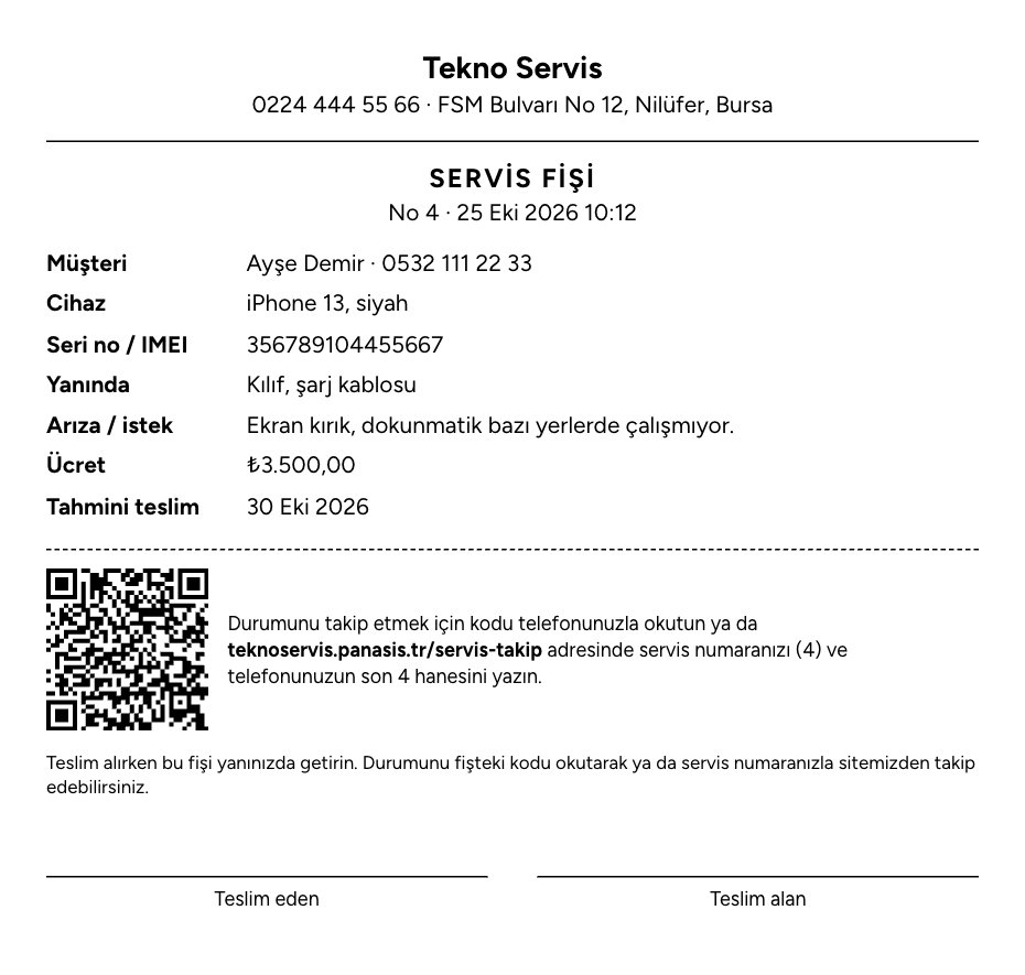 Yazdırılmış servis fişi: müşteri, cihaz, seri no, arıza, ücret, QR kod ve imza yerleri