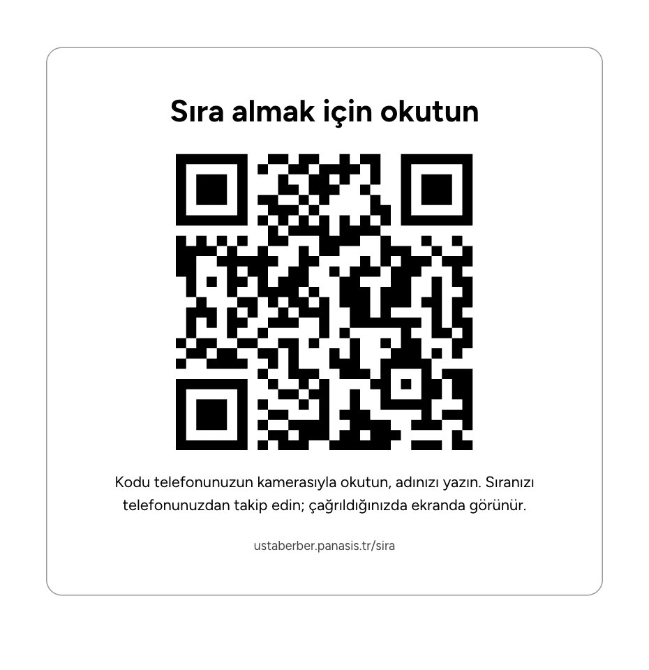 Yazdırılmış kapı kartı: Sıra almak için okutun, QR kod ve adres