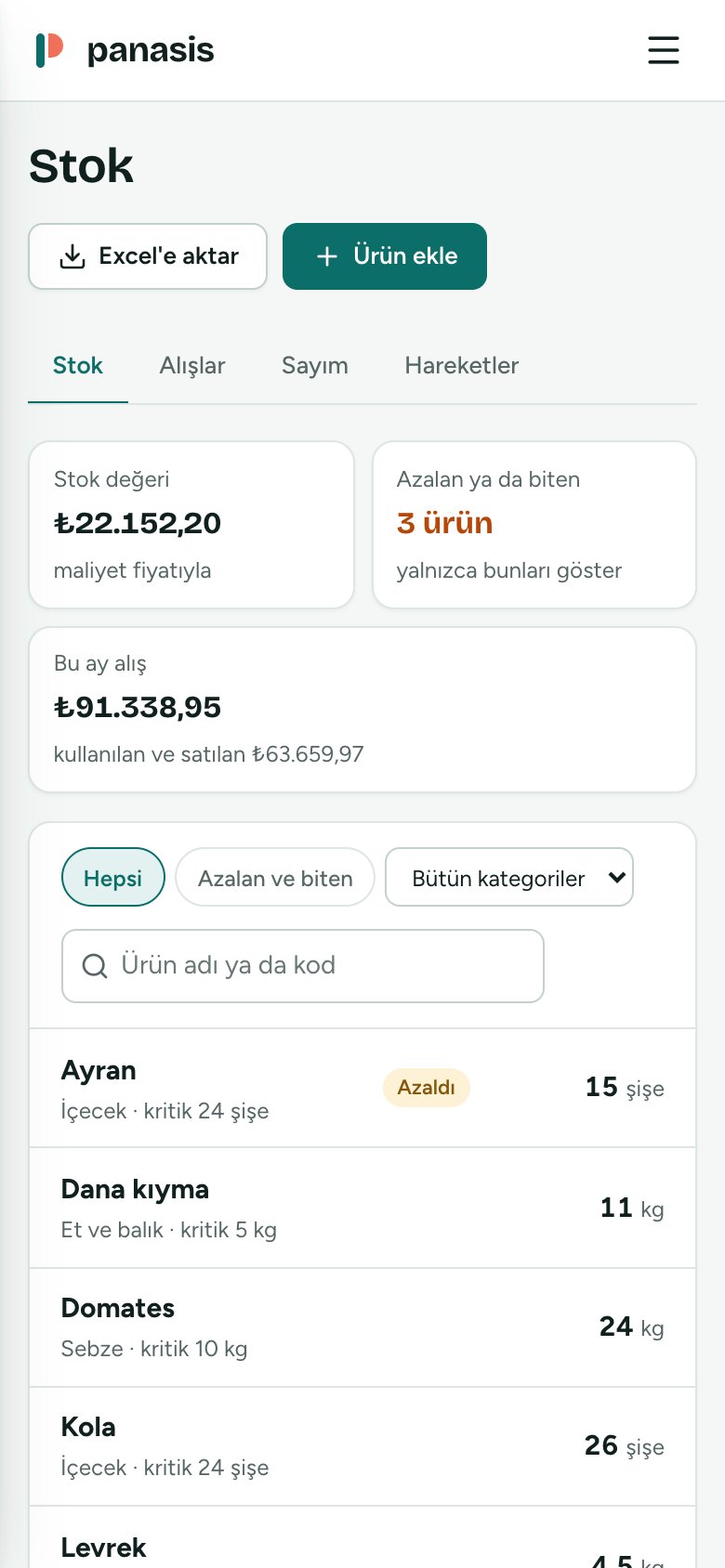 Telefonda stok listesi: ürünler, eldeki miktarlar, azalan ve biten ürünler