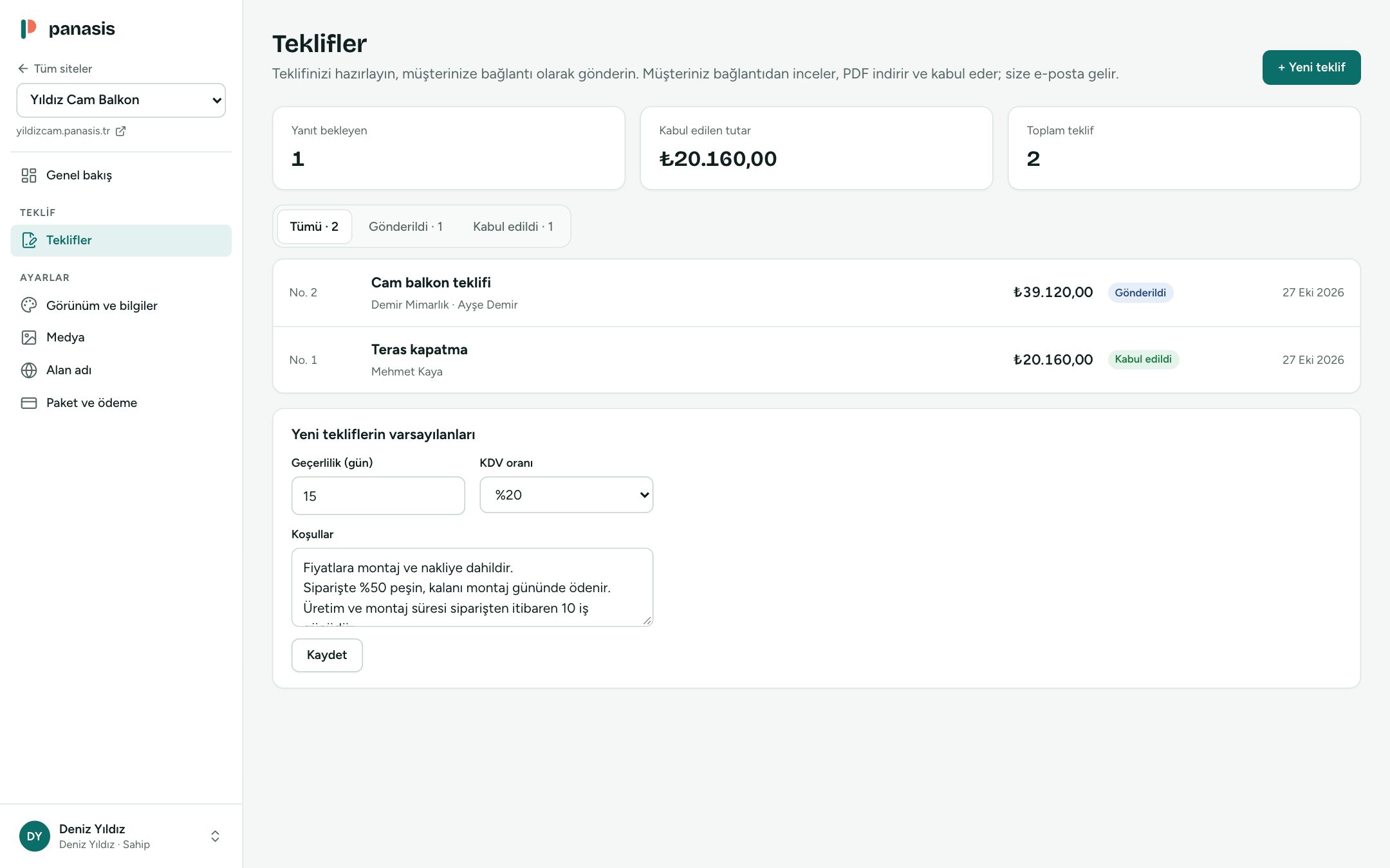 Teklifler listesi: yanıt bekleyen teklif sayısı, kabul edilen tutar ve tekliflerin durumları