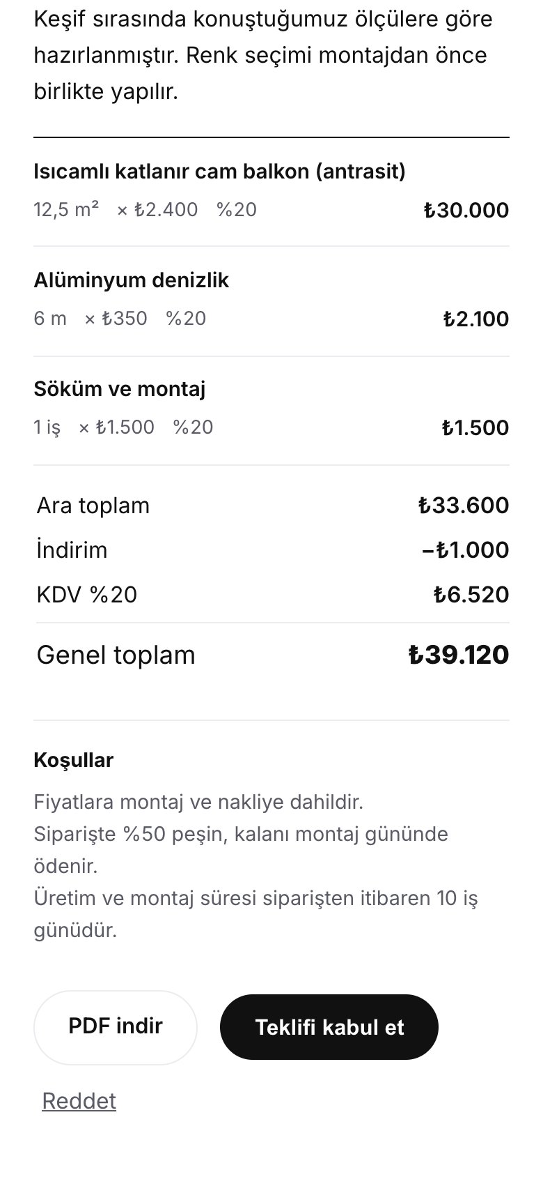 Telefonda açılan teklif: kalemler, KDV, genel toplam, koşullar ve 'Teklifi kabul et' düğmesi
