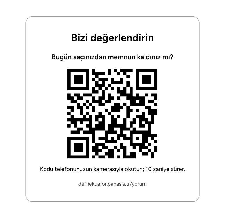 Yazdırılmış tezgâh kartı: Bizi değerlendirin, soru, QR kod ve adres